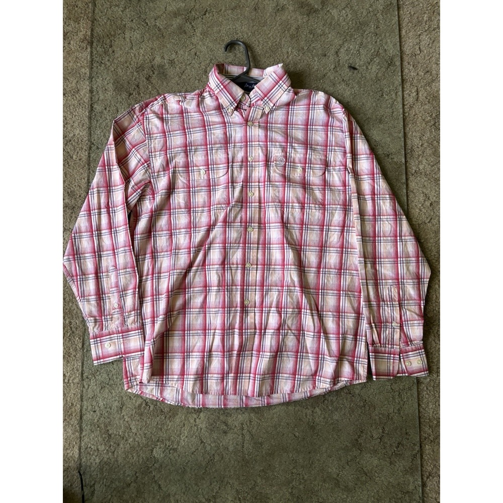 George Strait Wrangler Shirt Mens Large Pink White Plaid Long Sleeve Button Down